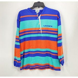 IZOD Lacoste Henley Shirt Blue Orange Green Stripe Spell Out Vintage Mens Medium